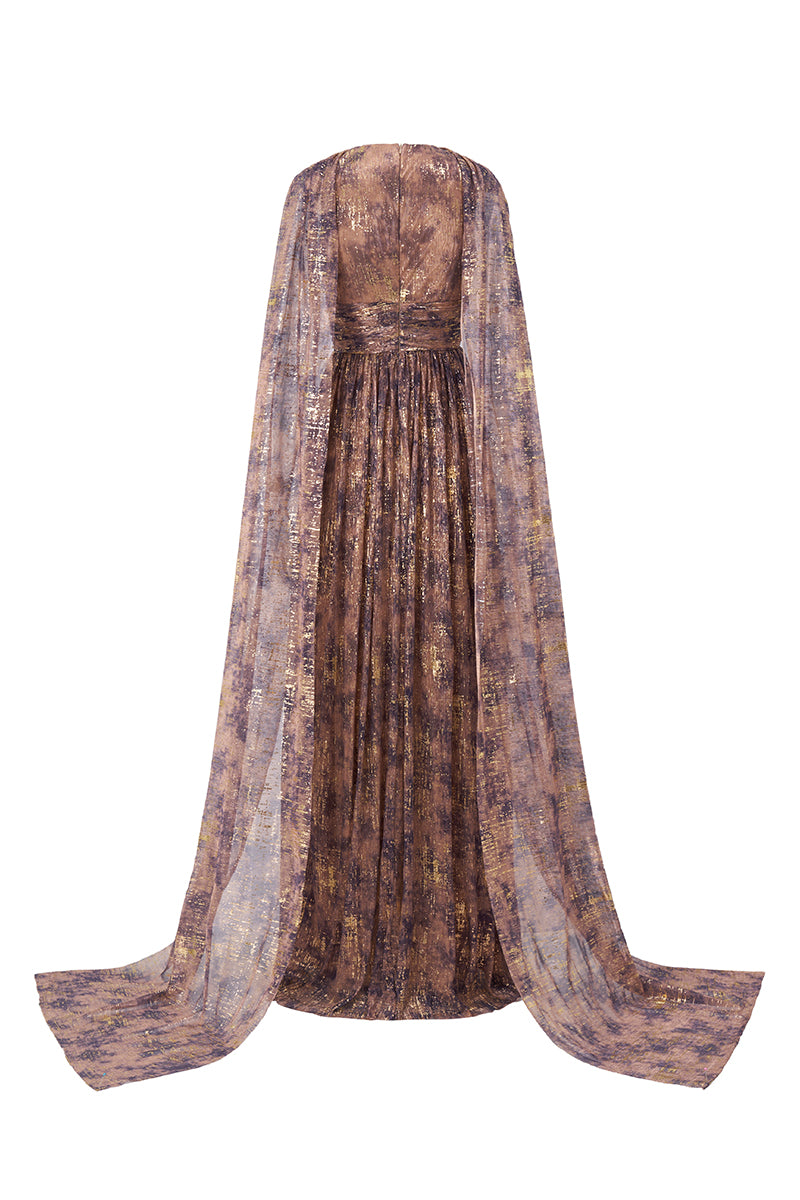 Bottle Neck A-Line Gown With Ruffle Back Train In Purple Tie-Dyed Golden Chiffon