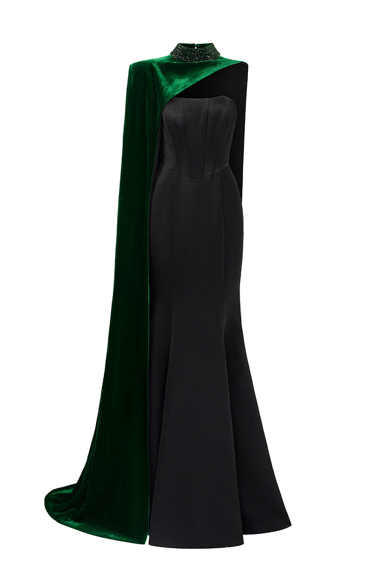 Burstier Mermaid Gown And Asymmetric Shoulder Long Cape