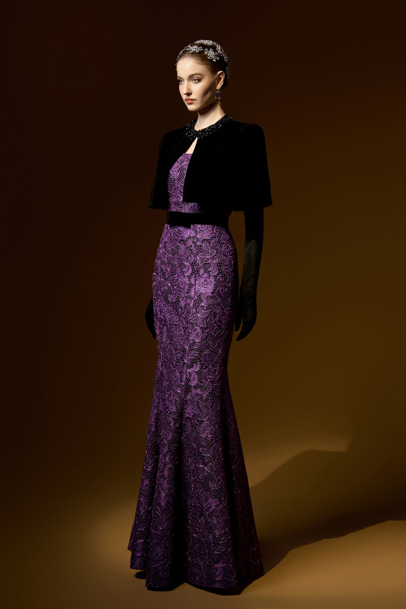 Burstier Mermaid Gown In Lace with Lyon Velvet Mini Cape And Belt