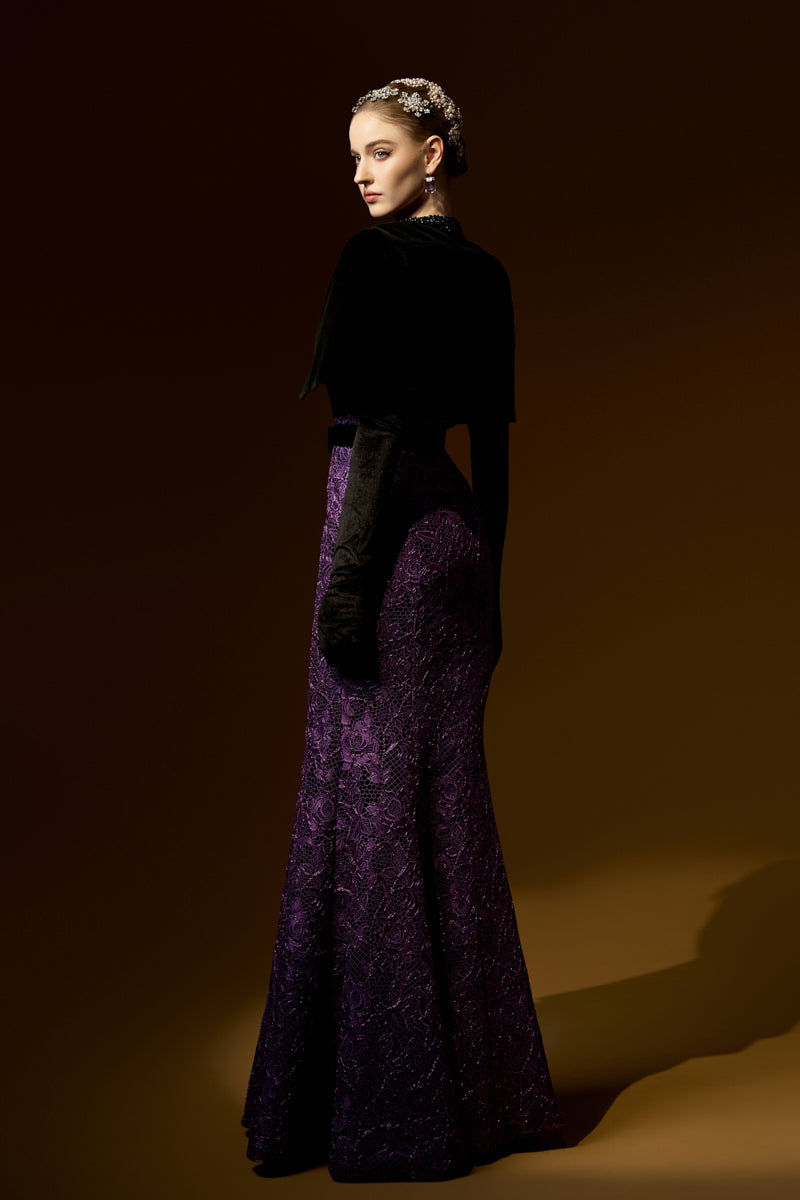 Burstier Mermaid Gown In Lace with Lyon Velvet Mini Cape And Belt