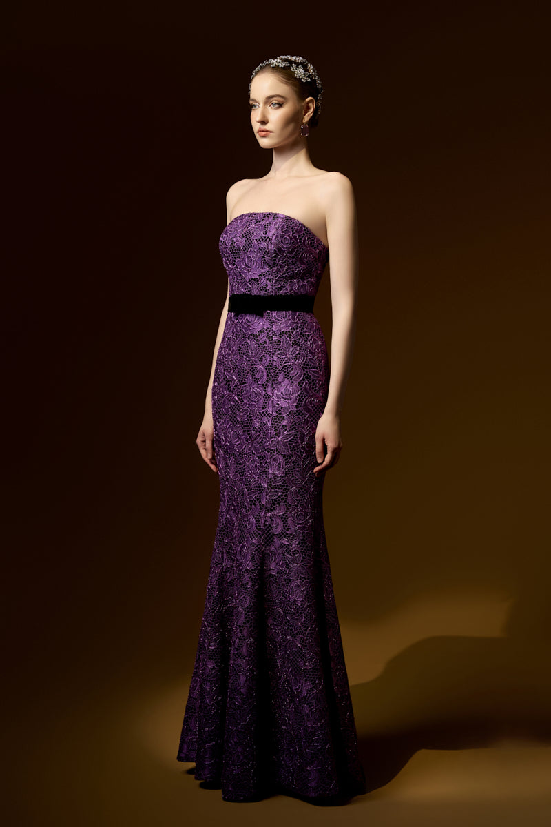 Burstier Mermaid Gown In Lace with Lyon Velvet Mini Cape And Belt