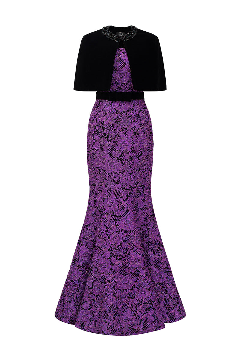 Burstier Mermaid Gown In Lace with Lyon Velvet Mini Cape And Belt
