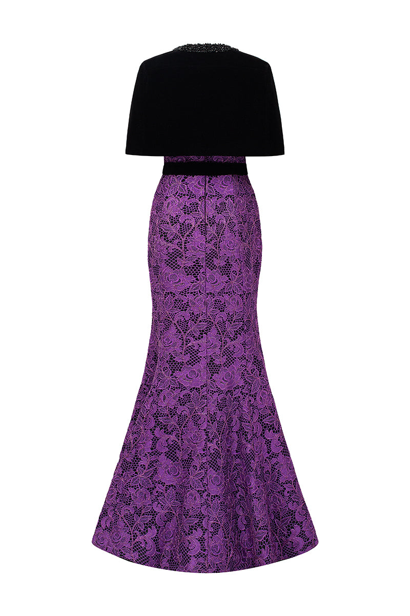 Burstier Mermaid Gown In Lace with Lyon Velvet Mini Cape And Belt