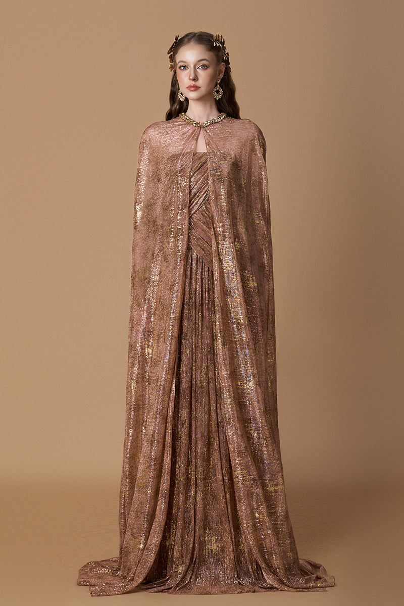 Bustier A-line Gown With Long Cape In Beige Tie-Dyed Golden Chiffon