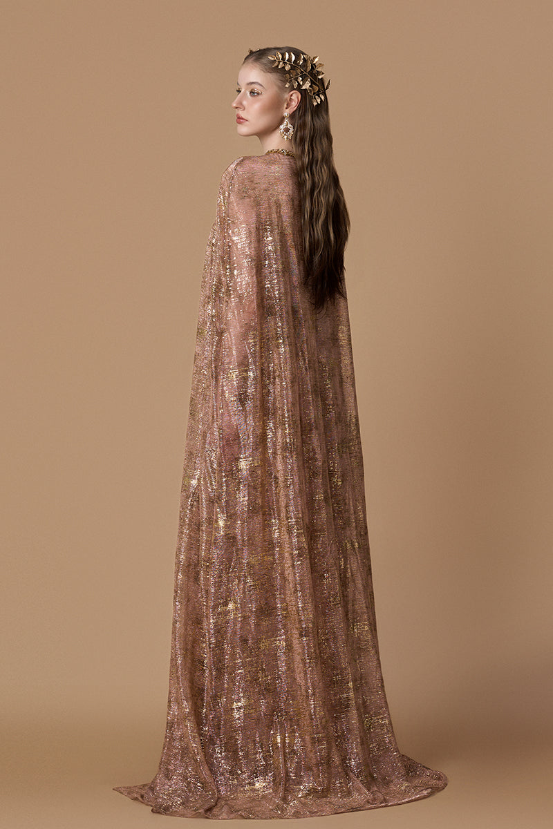 Bustier A-line Gown With Long Cape In Beige Tie-Dyed Golden Chiffon