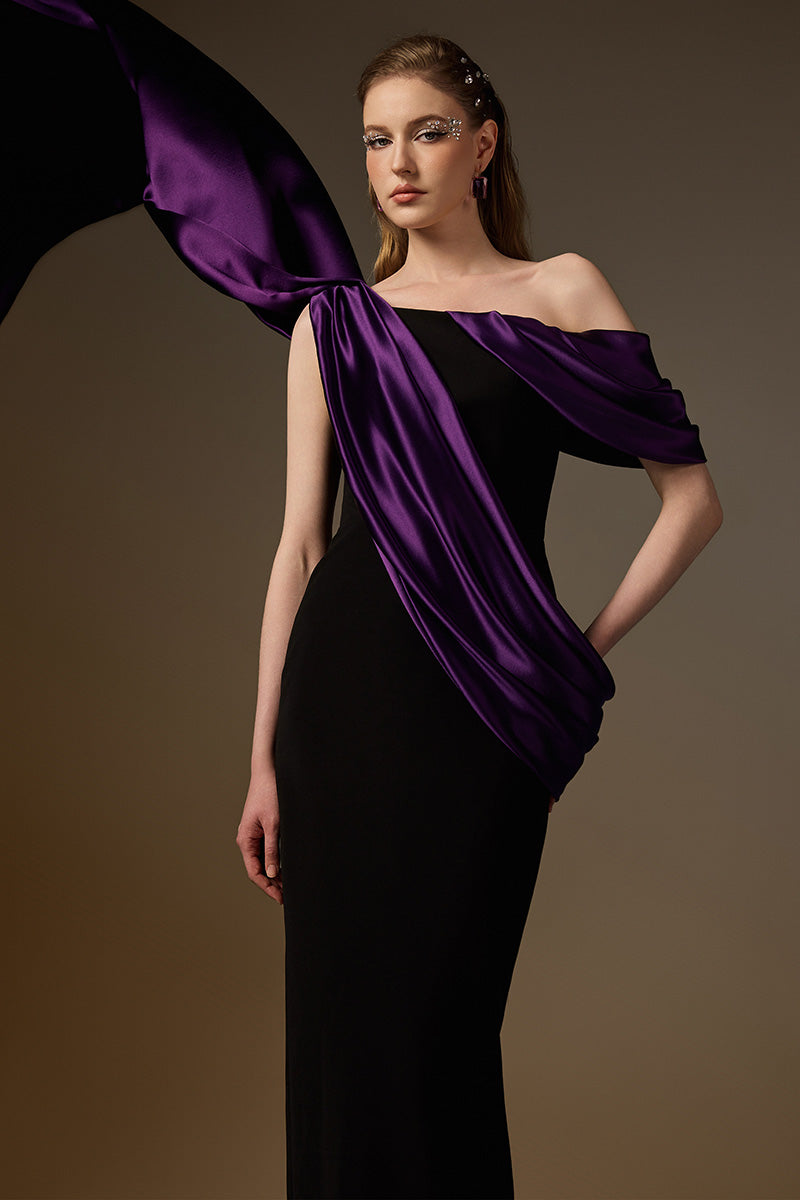 Bustier Column Gown With Asymmetric Draped Details In Black Crepe And Purple Silk