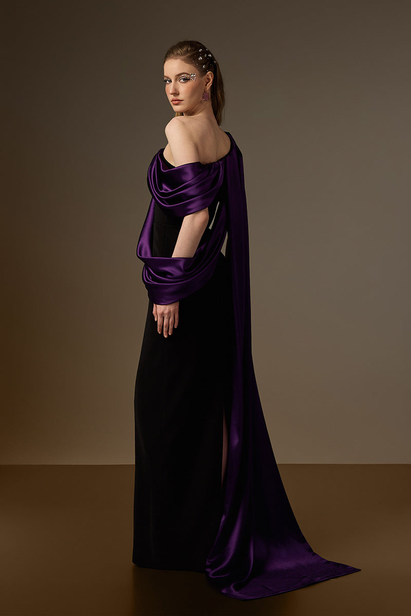 Bustier Column Gown With Asymmetric Draped Details In Black Crepe And Purple Silk