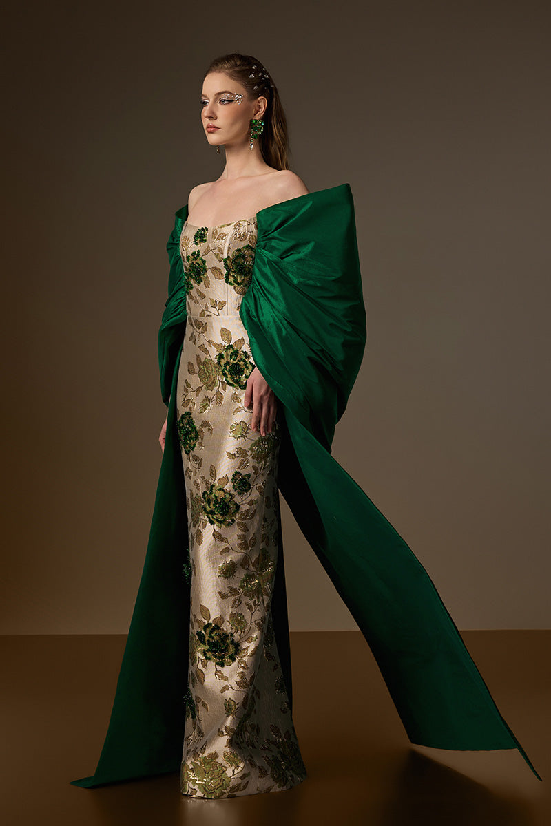 Bustier Column Gown With Draped Off-Shoulder Details In Green Rose Branch Brocade & Taffeta