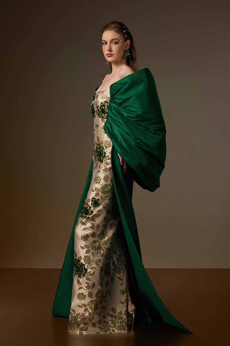 Bustier Column Gown With Draped Off-Shoulder Details In Green Rose Branch Brocade & Taffeta