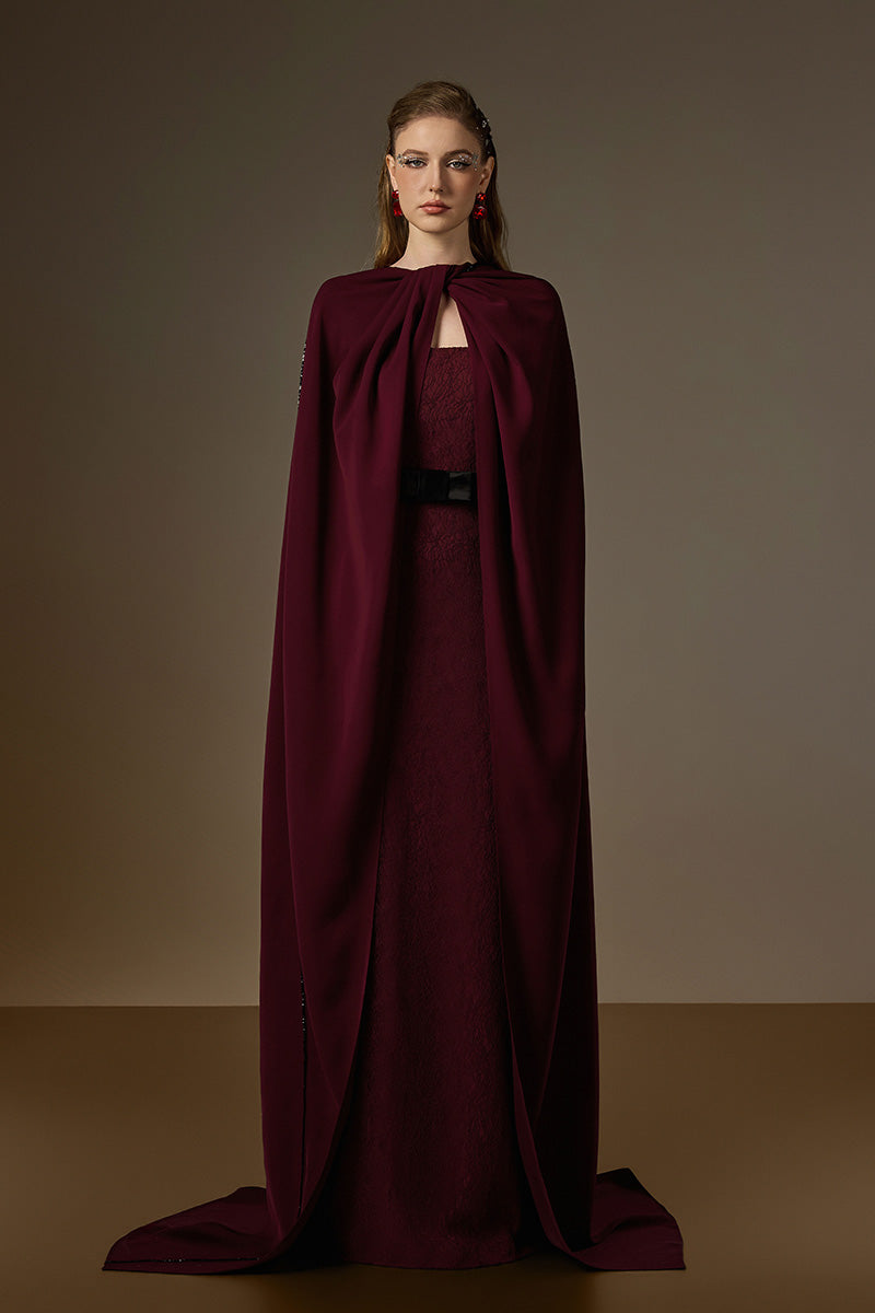 Bustier Column Gown With Long Cape In Burgundy Vine Guipure Lace & Crepe