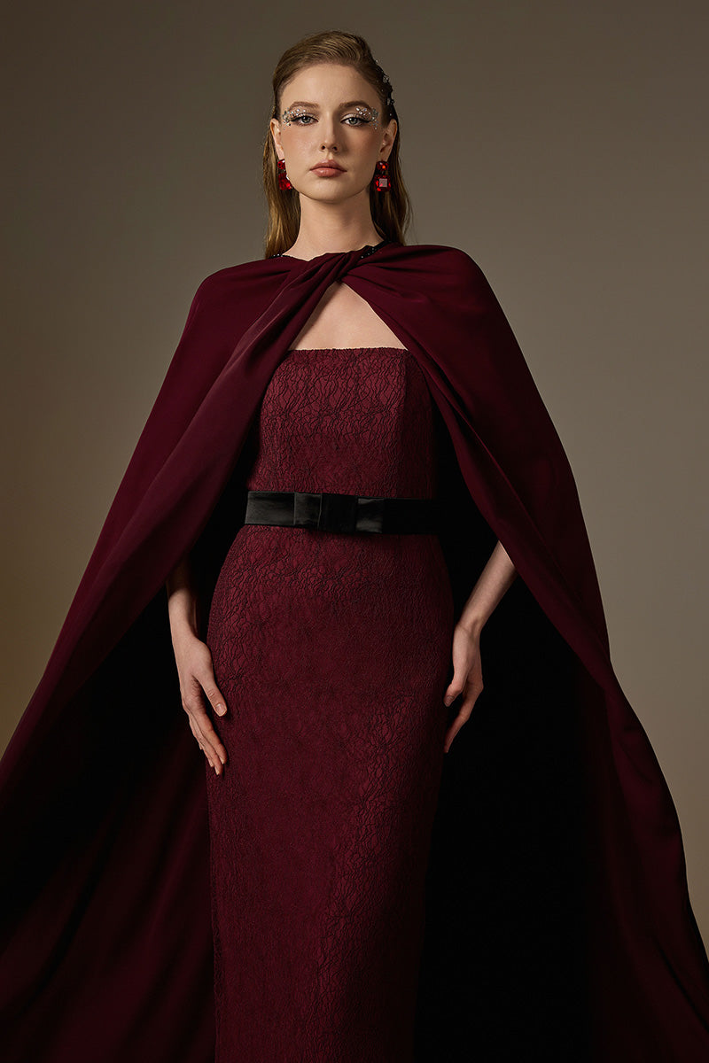 Bustier Column Gown With Long Cape In Burgundy Vine Guipure Lace & Crepe