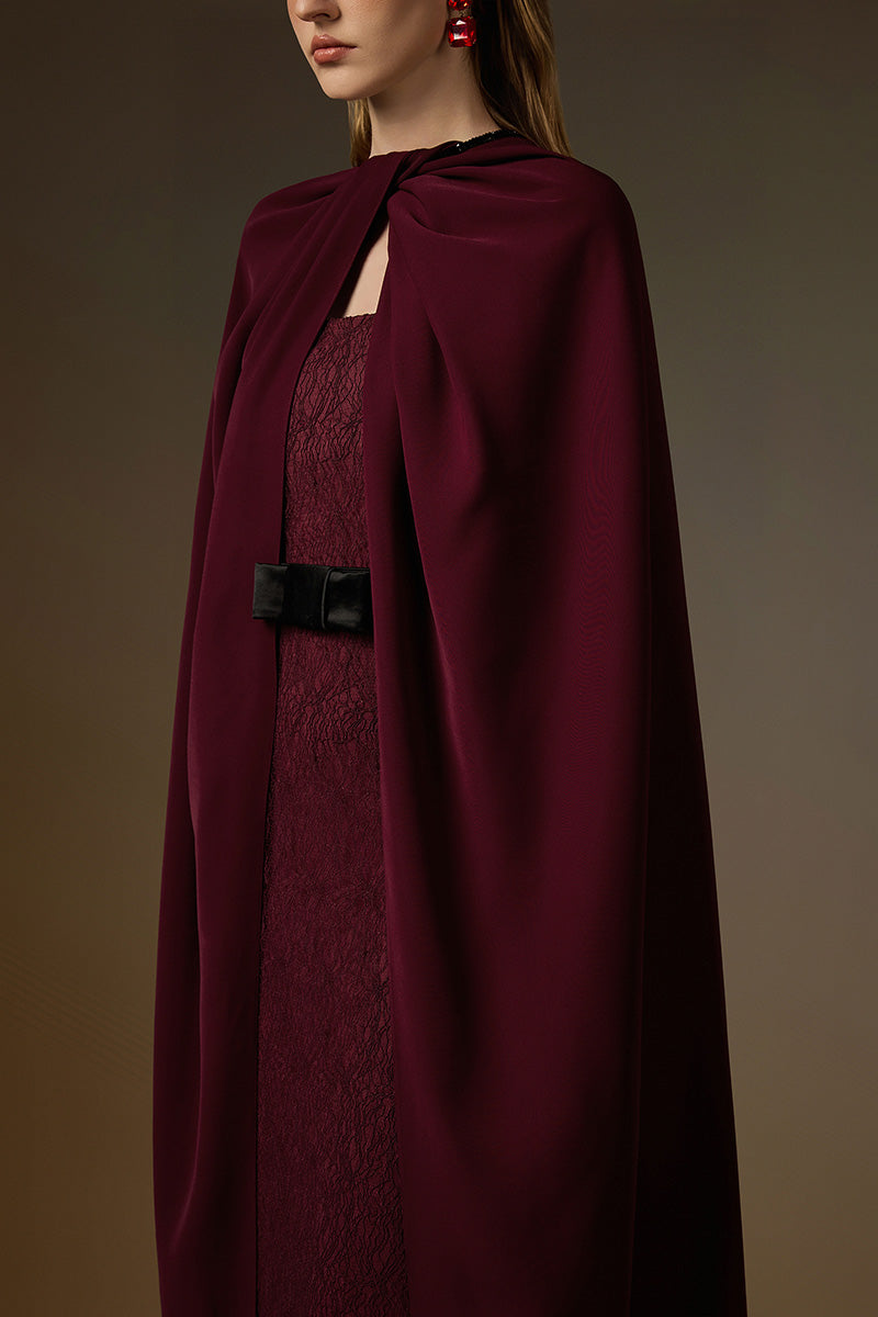 Bustier Column Gown With Long Cape In Burgundy Vine Guipure Lace & Crepe