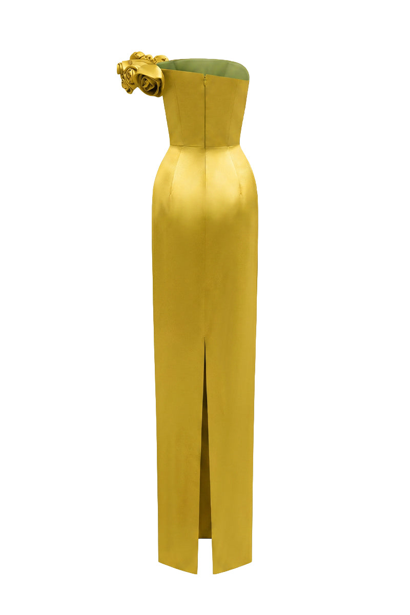 Gold Bustier Gown Adorned With Satin Floral Appliqué