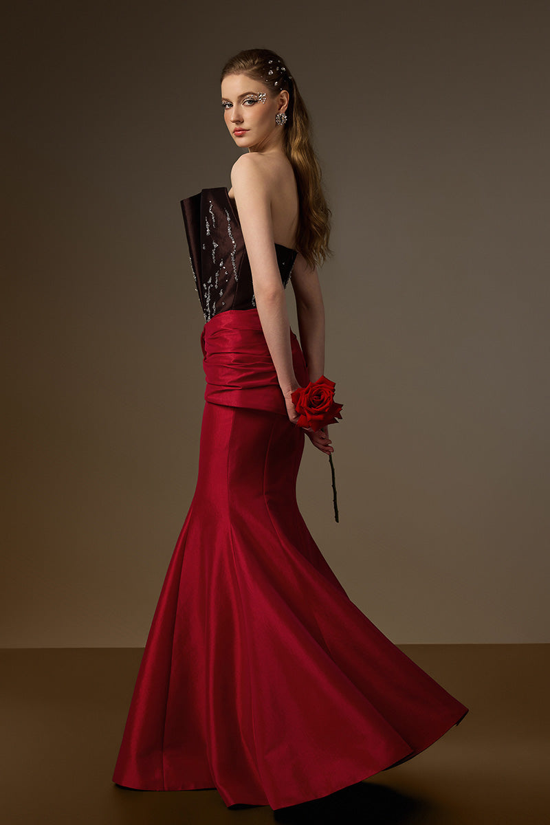 Bustier Mermaid Gown With Draped Details In Brown And Red Taffeta
