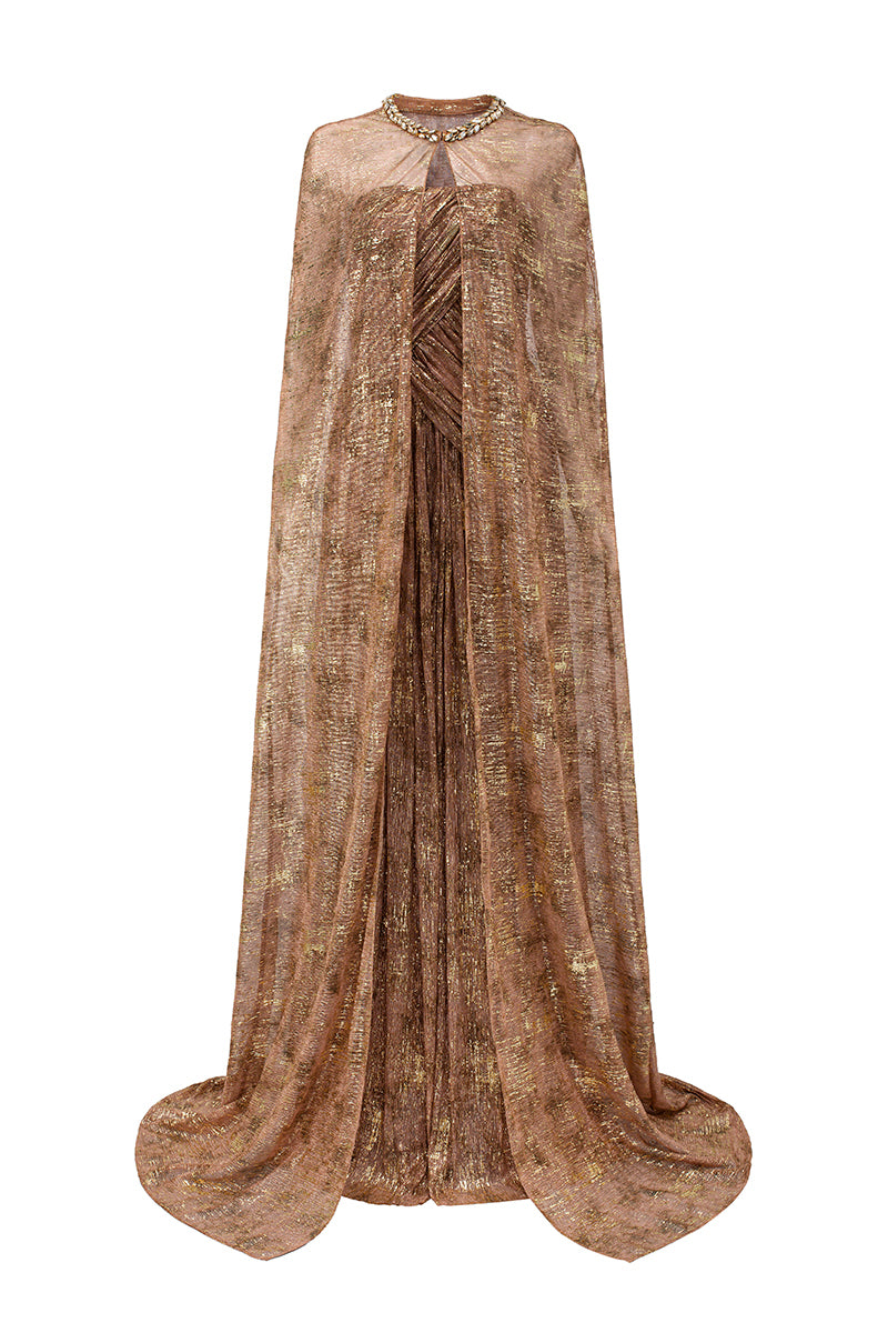 Bustier A-line Gown With Long Cape In Beige Tie-Dyed Golden Chiffon