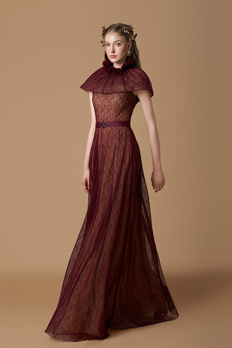 Bustier A-line Gown With Mini Cape In Dark Red Lace