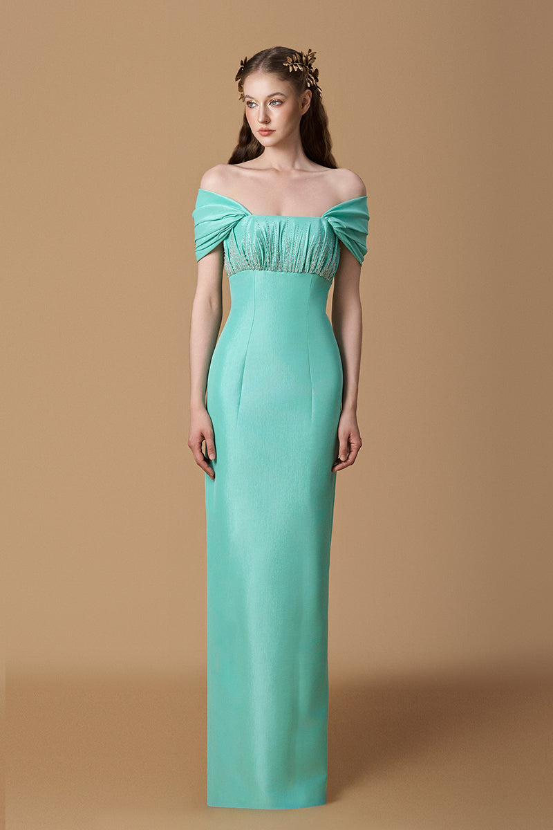 Bustier Column Gown With Draped Off-Shoulder Details In Mint Taffeta