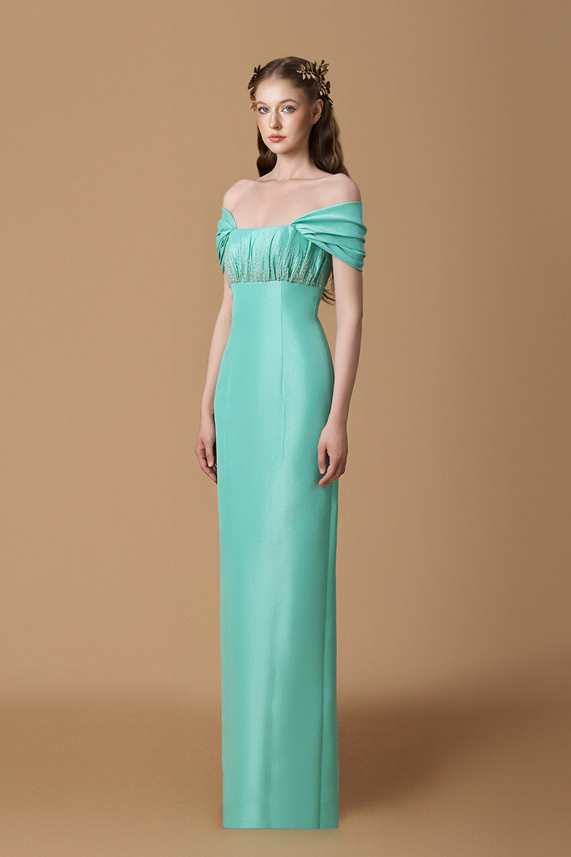 Bustier Column Gown With Draped Off-Shoulder Details In Mint Taffeta