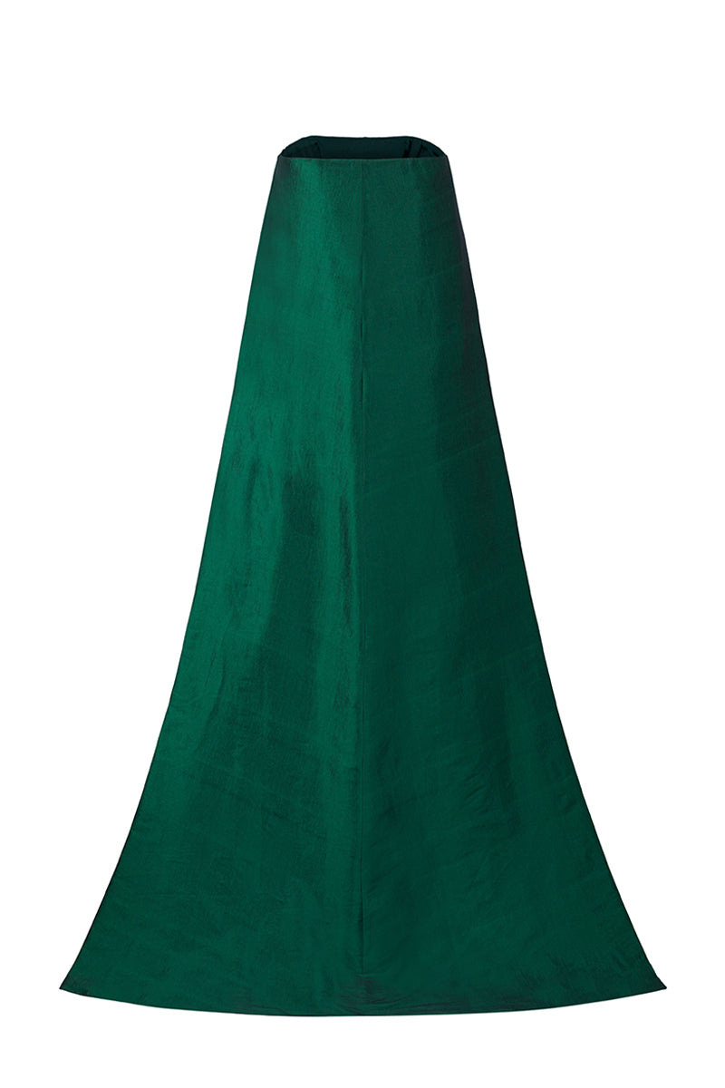 Bustier Column Gown With Long Back Train In Green Floral Metallic Jacquard