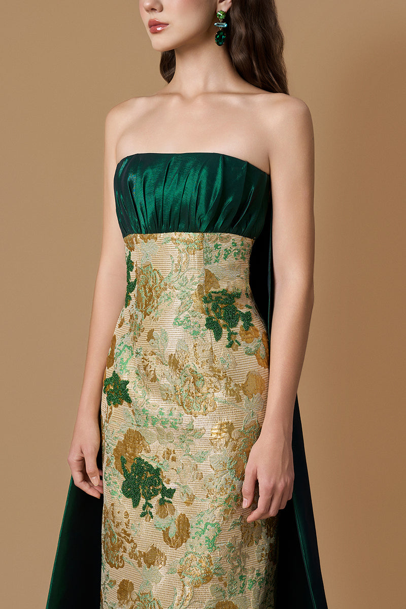 Bustier Column Gown With Long Back Train In Green Floral Metallic Jacquard