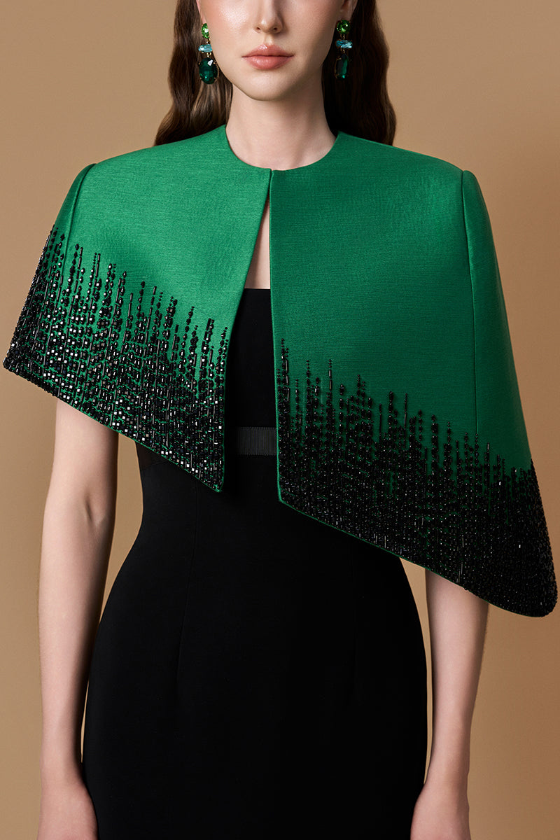 Bustier Column Gown With Mini Cape In Dark Green Taffeta & Black Crepe