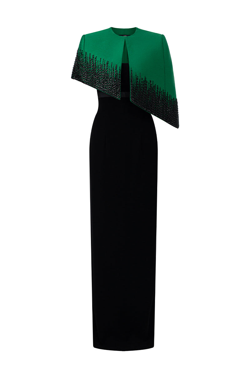 Bustier Column Gown With Mini Cape In Dark Green Taffeta & Black Crepe