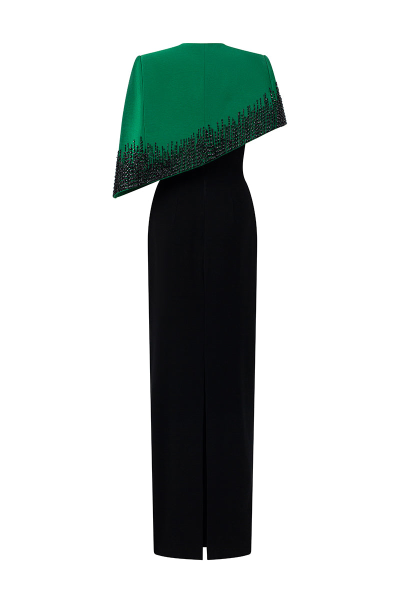 Bustier Column Gown With Mini Cape In Dark Green Taffeta & Black Crepe