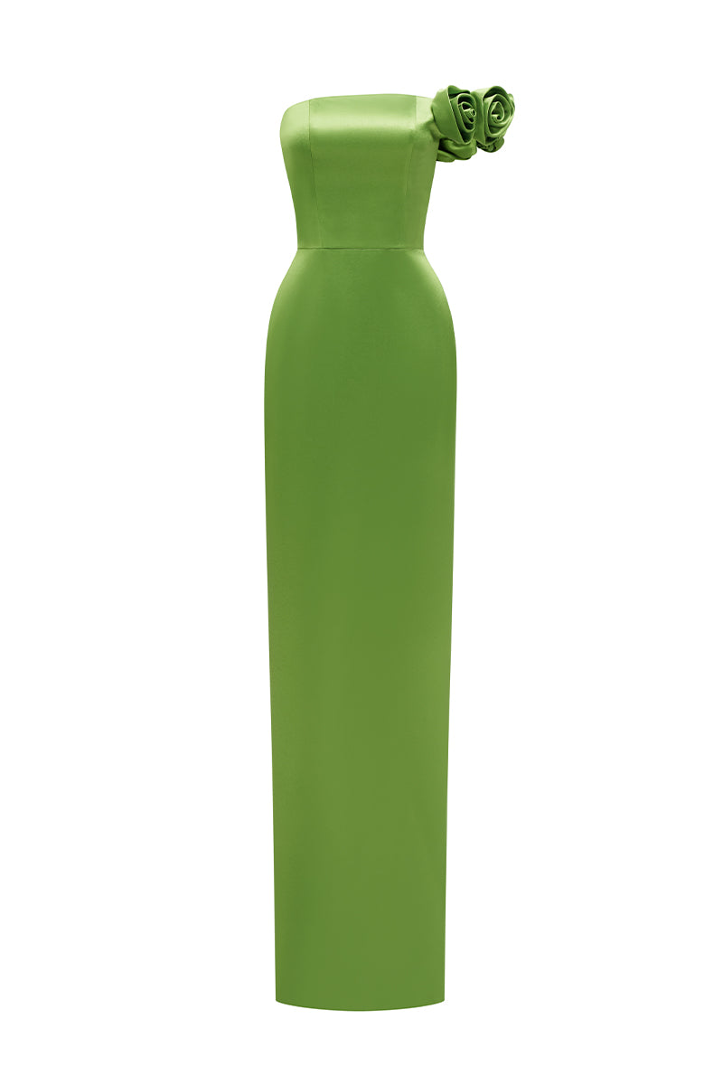 Asymmetric Pleated Gown With Tie Detail In Satin Silk