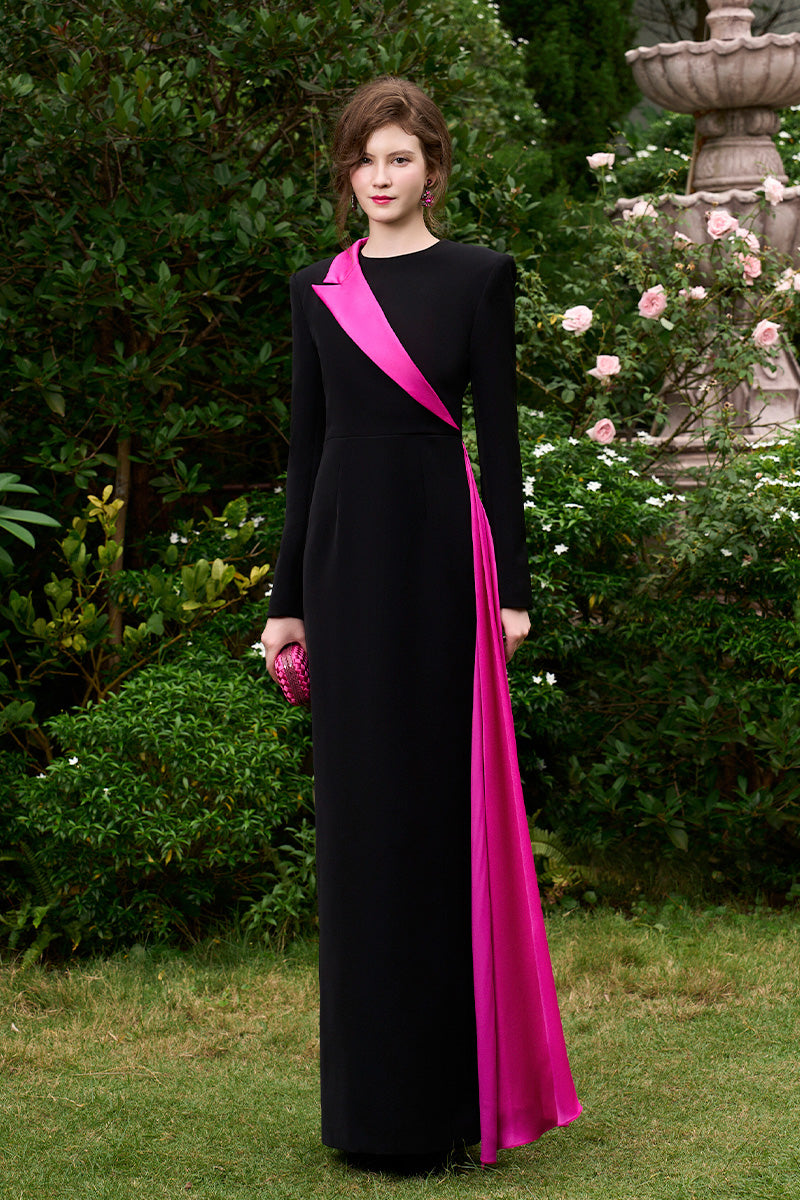 Column Evening Gown With One Peak Lapel Collar And Side-Attached Ribbon Customize / Crepe & Shimmer Silk