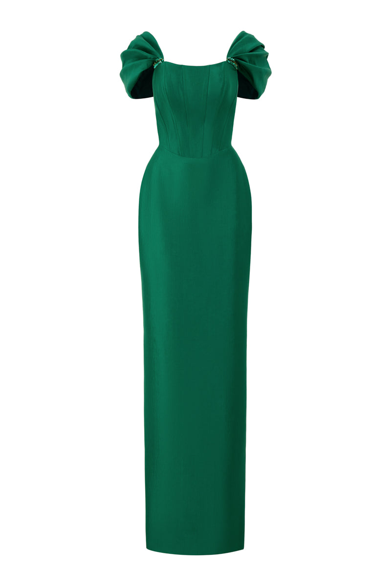 Column Evening Gown With Bustier Bodice And Draped Off-Shoulder Details