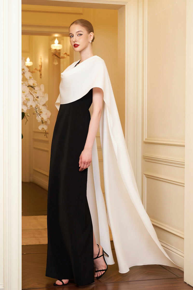 Column Evening Gown With Draped Ribbon Over The Shoulder