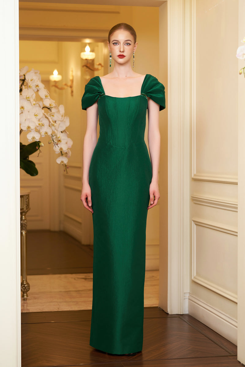 Column Evening Gown With Bustier Bodice And Draped Off-Shoulder Details