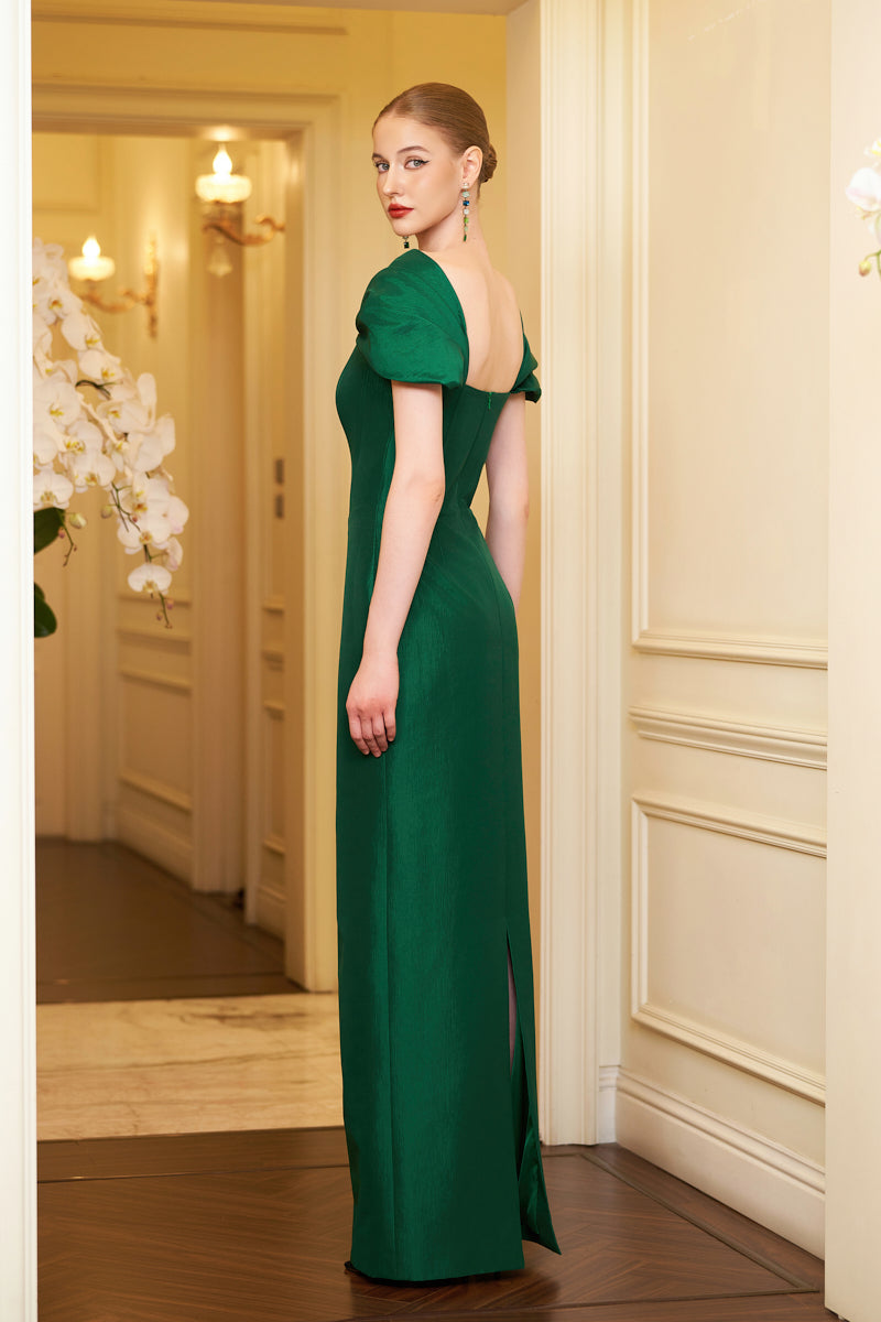 Column Evening Gown With Bustier Bodice And Draped Off-Shoulder Details