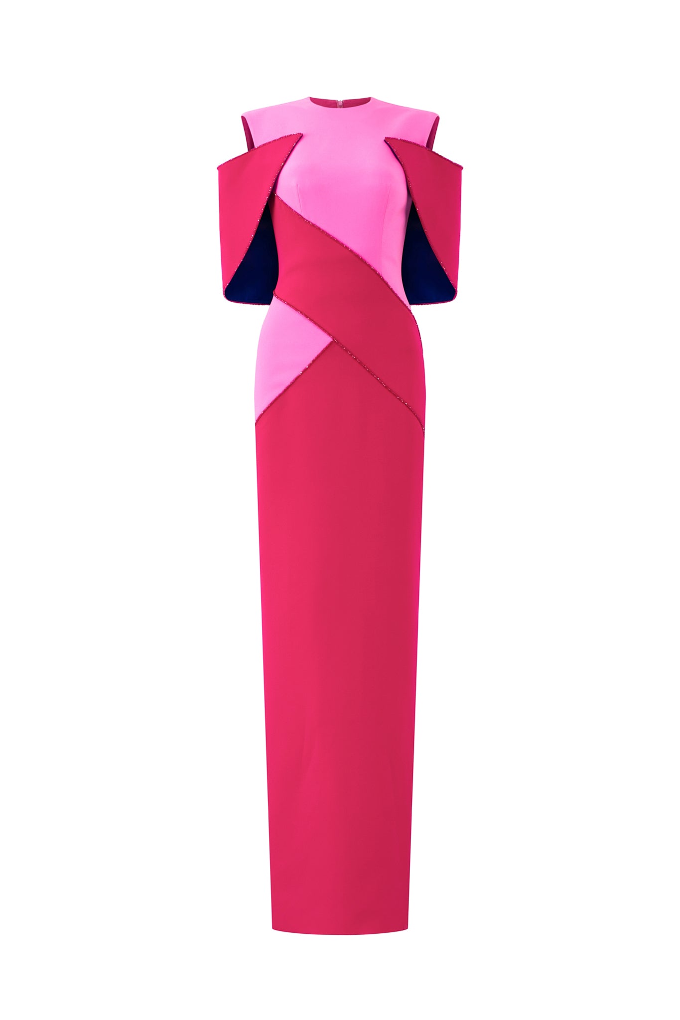 Column Evening Gown With Color Patched And Off-Shoulder Pads