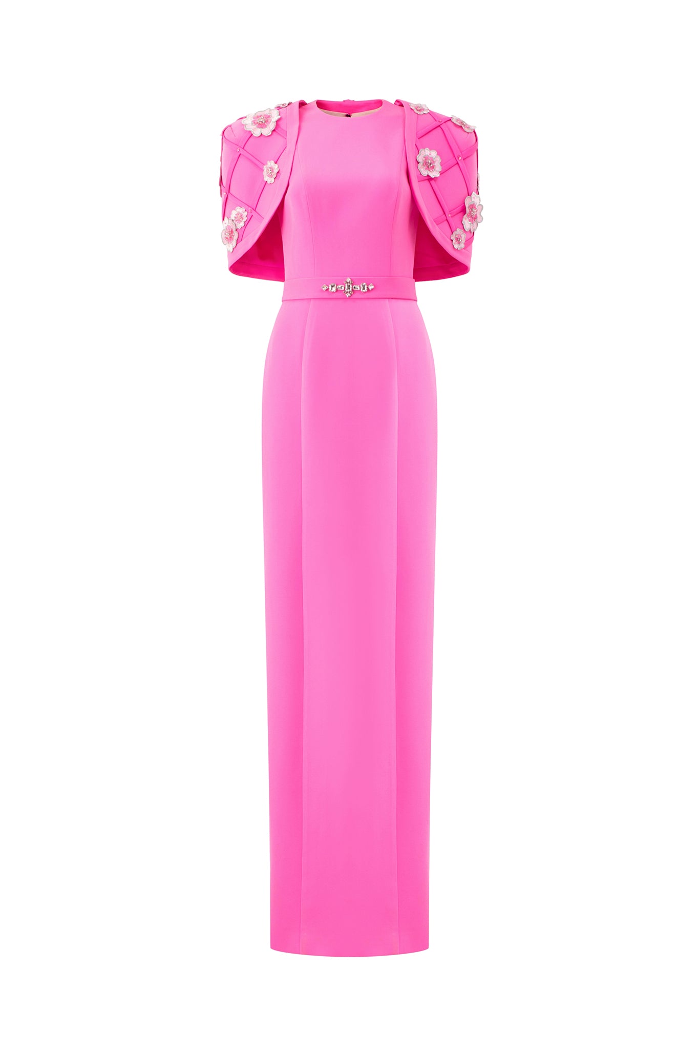 Column Evening Gown With Crossed Straps Detail On Short Cape