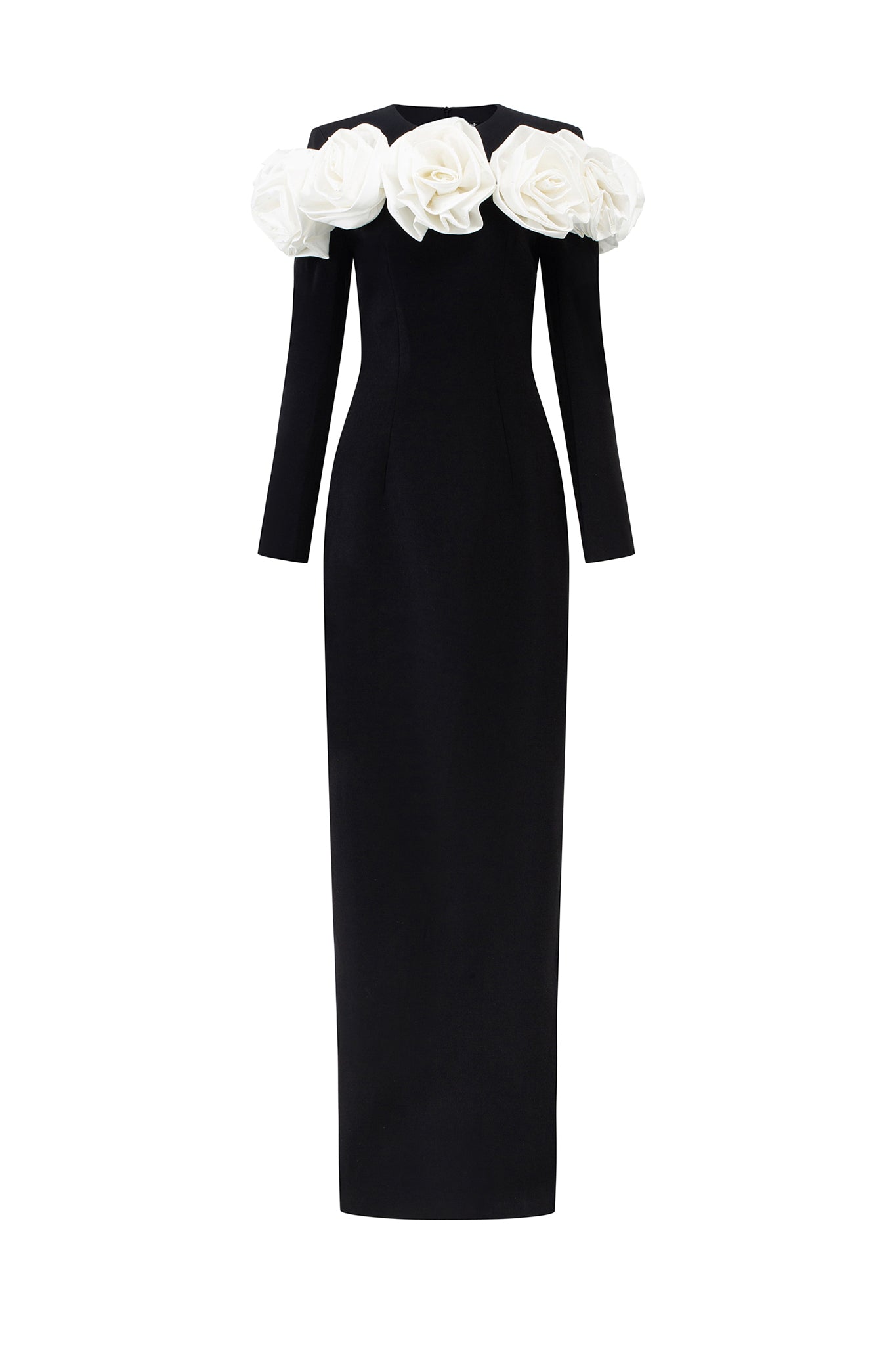 Column Evening Gown With Draped Roses On Chest-Line