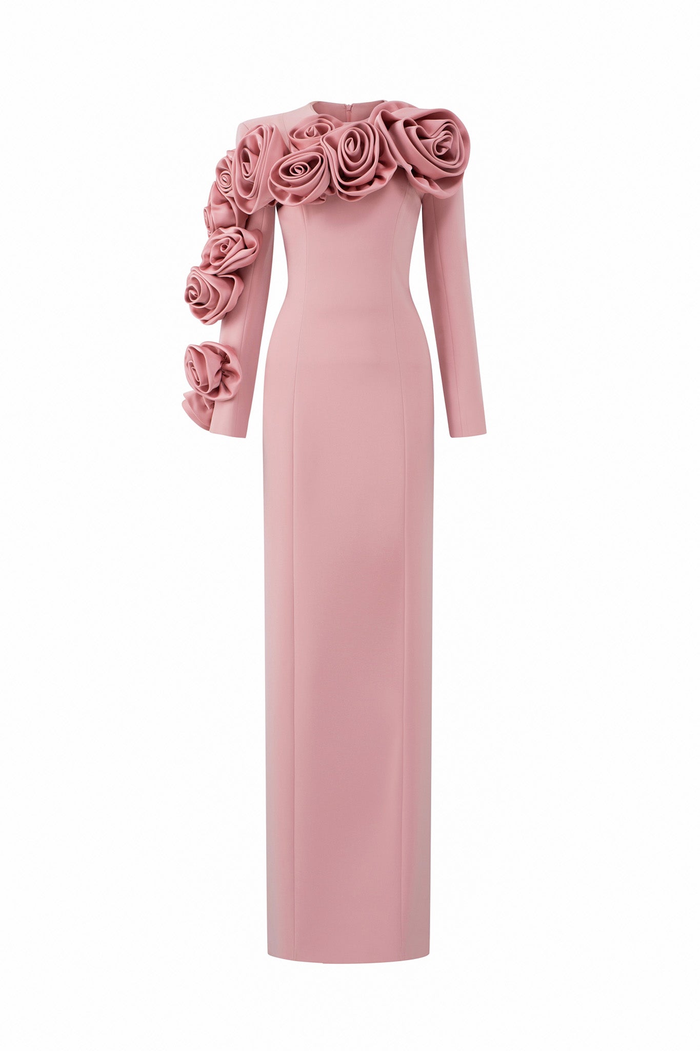 Column Evening Gown With Long Sleeves And Attached Draped Rose