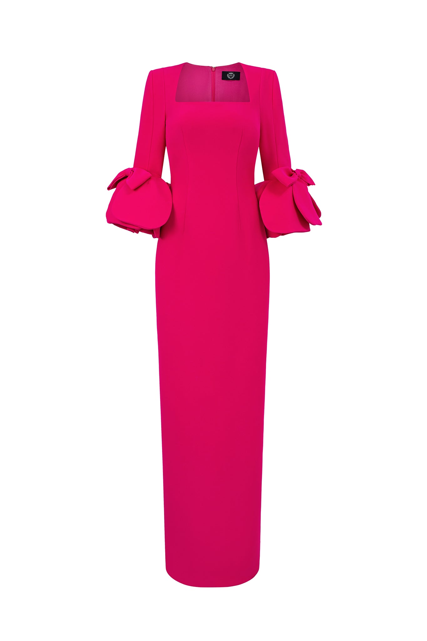 Column Evening Gown With Trapeze Neckline And Rose Draped Three-Quarter Sleeves