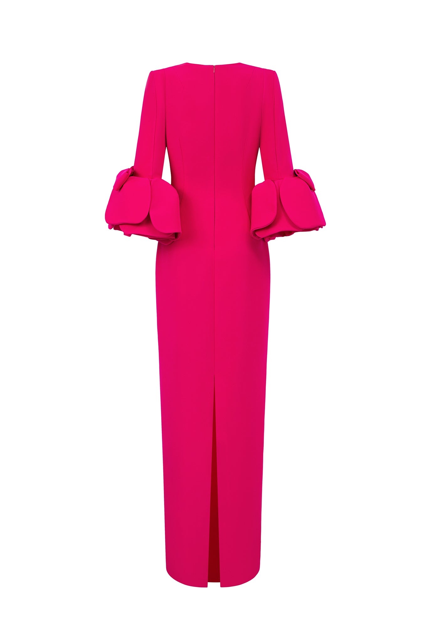 Column Evening Gown With Trapeze Neckline And Rose Draped Three-Quarter Sleeves