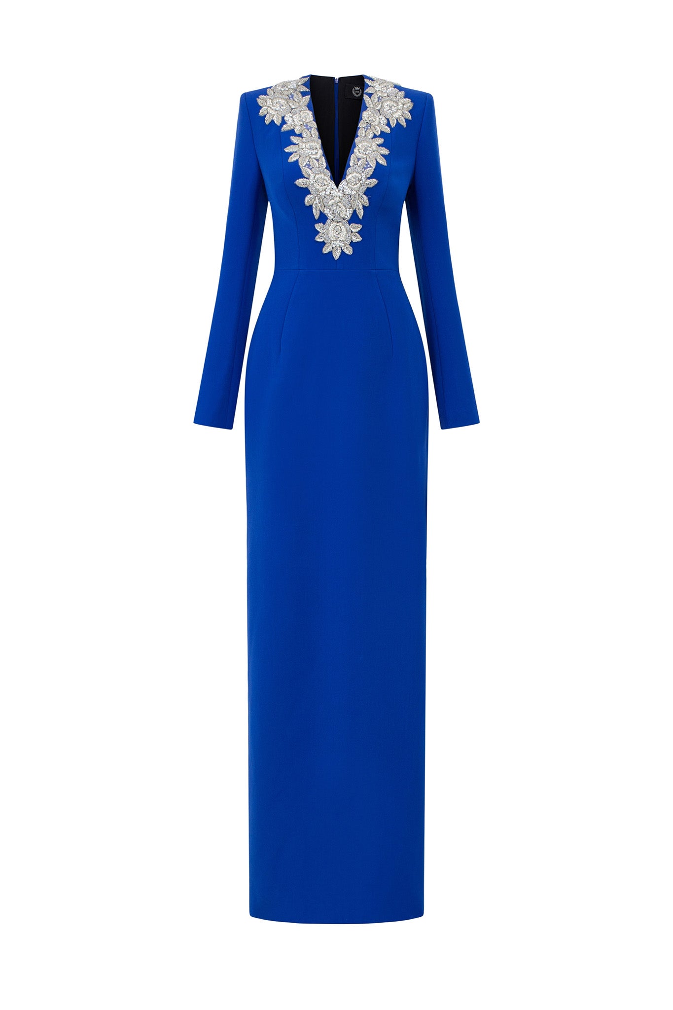 Column Evening Gown With V-Neckline And Long Sleeves