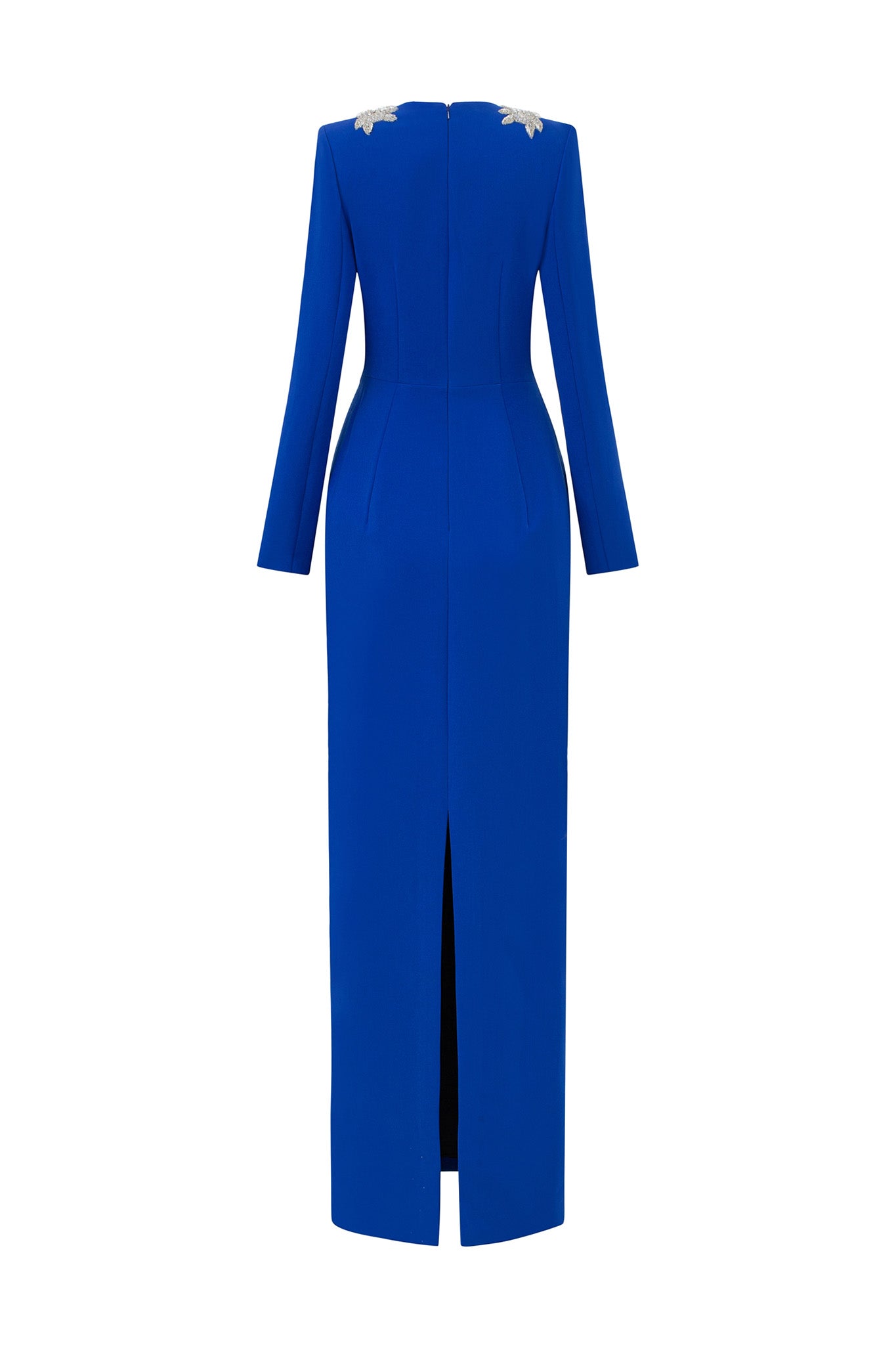Column Evening Gown With V-Neckline And Long Sleeves