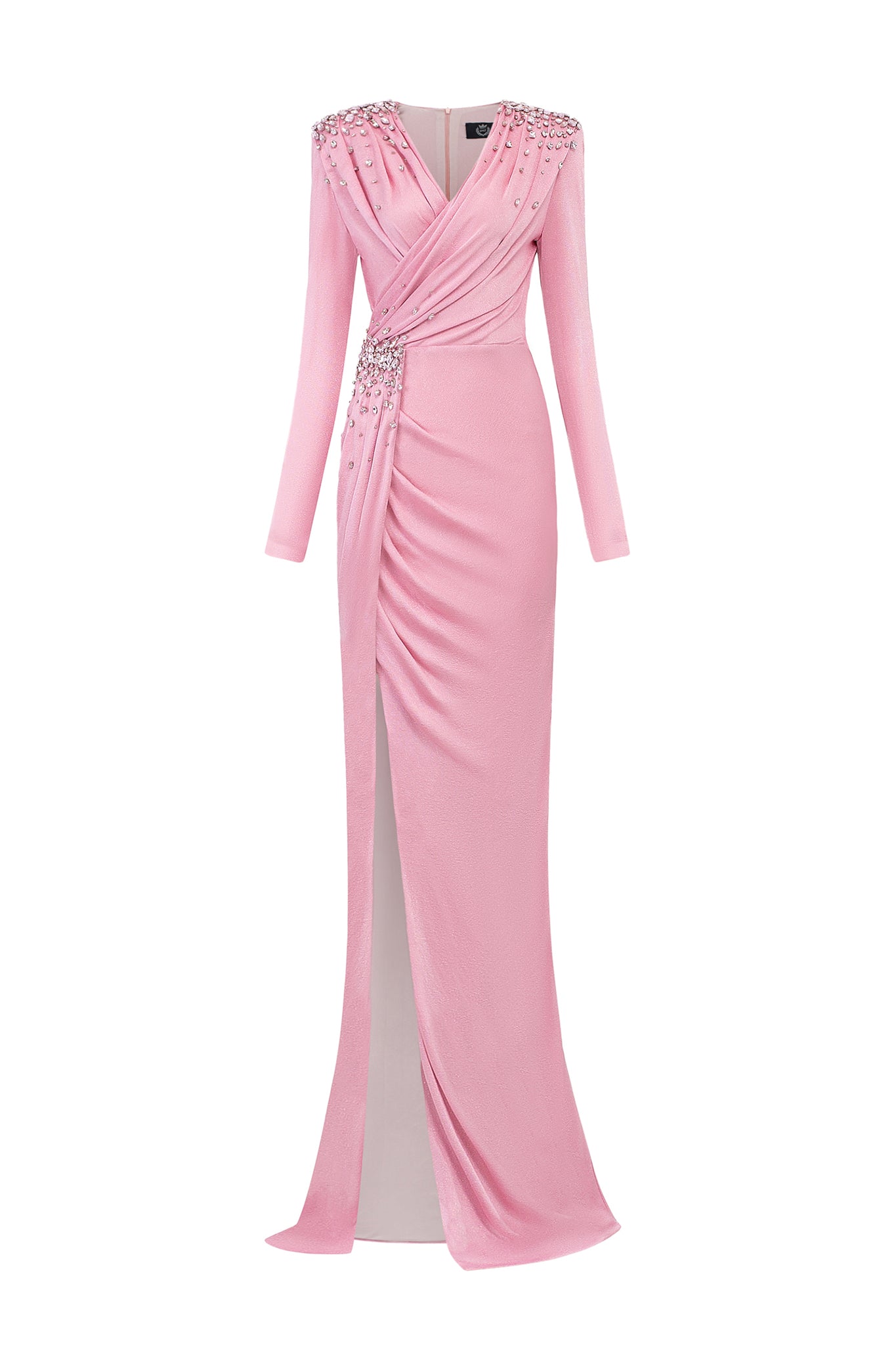 Column Evening Gown With Waist Draped Detail And Side Slit