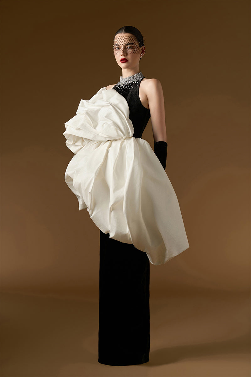 Column Gown With Draped Bouffant