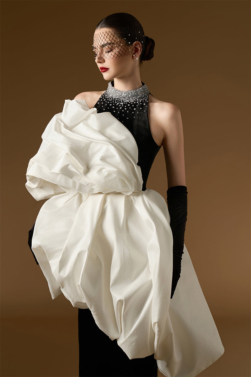 Column Gown With Draped Bouffant