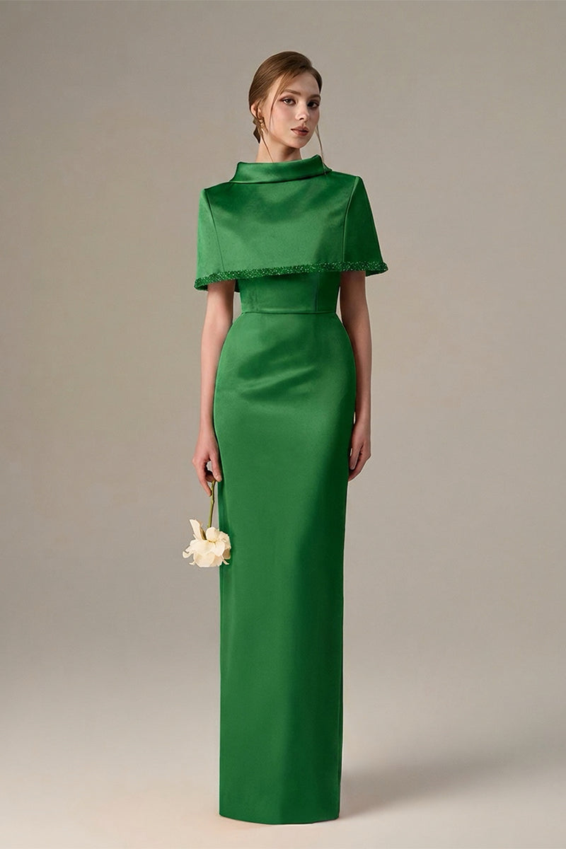Green Taffeta Dress With A Cropped Cape And Inverted Lapel