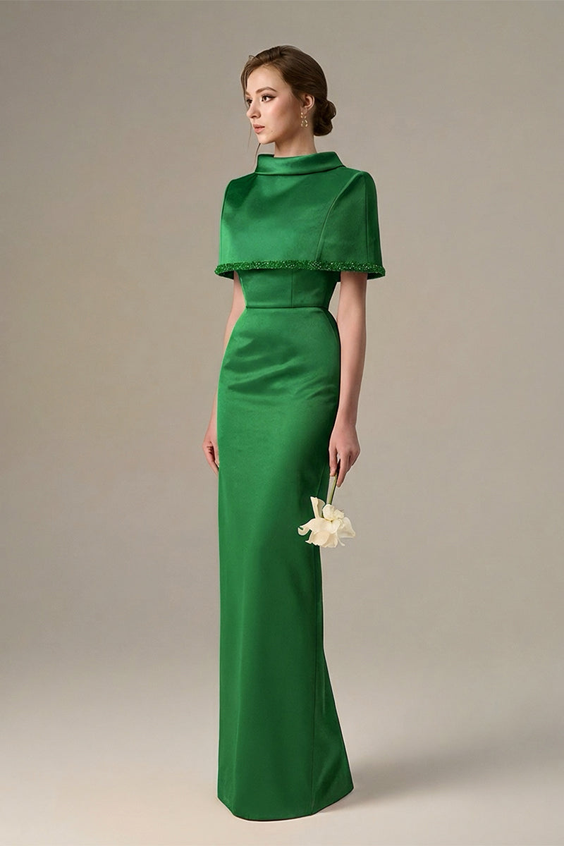 Green Taffeta Dress With A Cropped Cape And Inverted Lapel