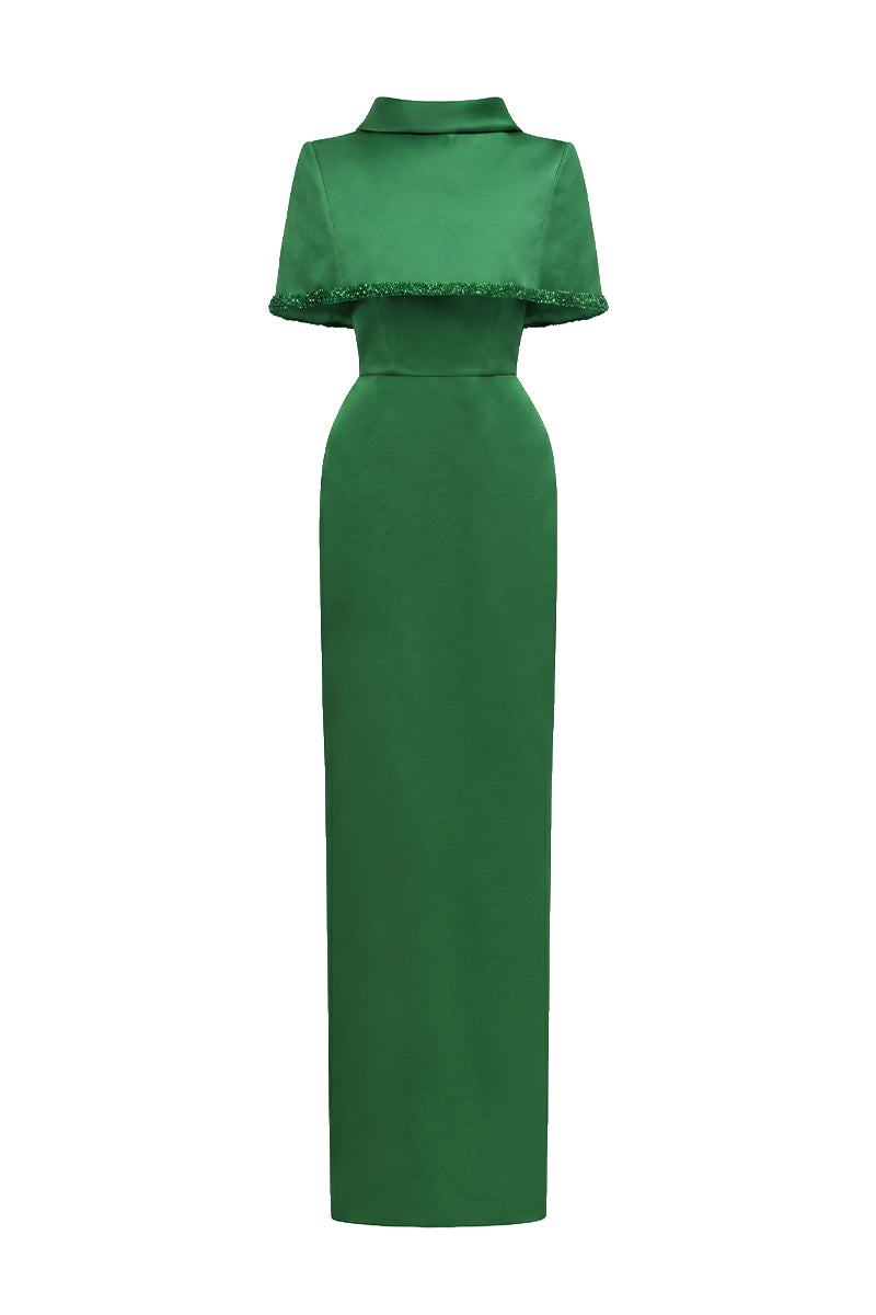 Green Taffeta Dress With A Cropped Cape And Inverted Lapel