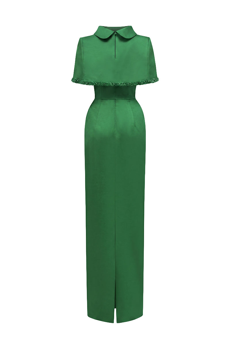 Green Taffeta Dress With A Cropped Cape And Inverted Lapel