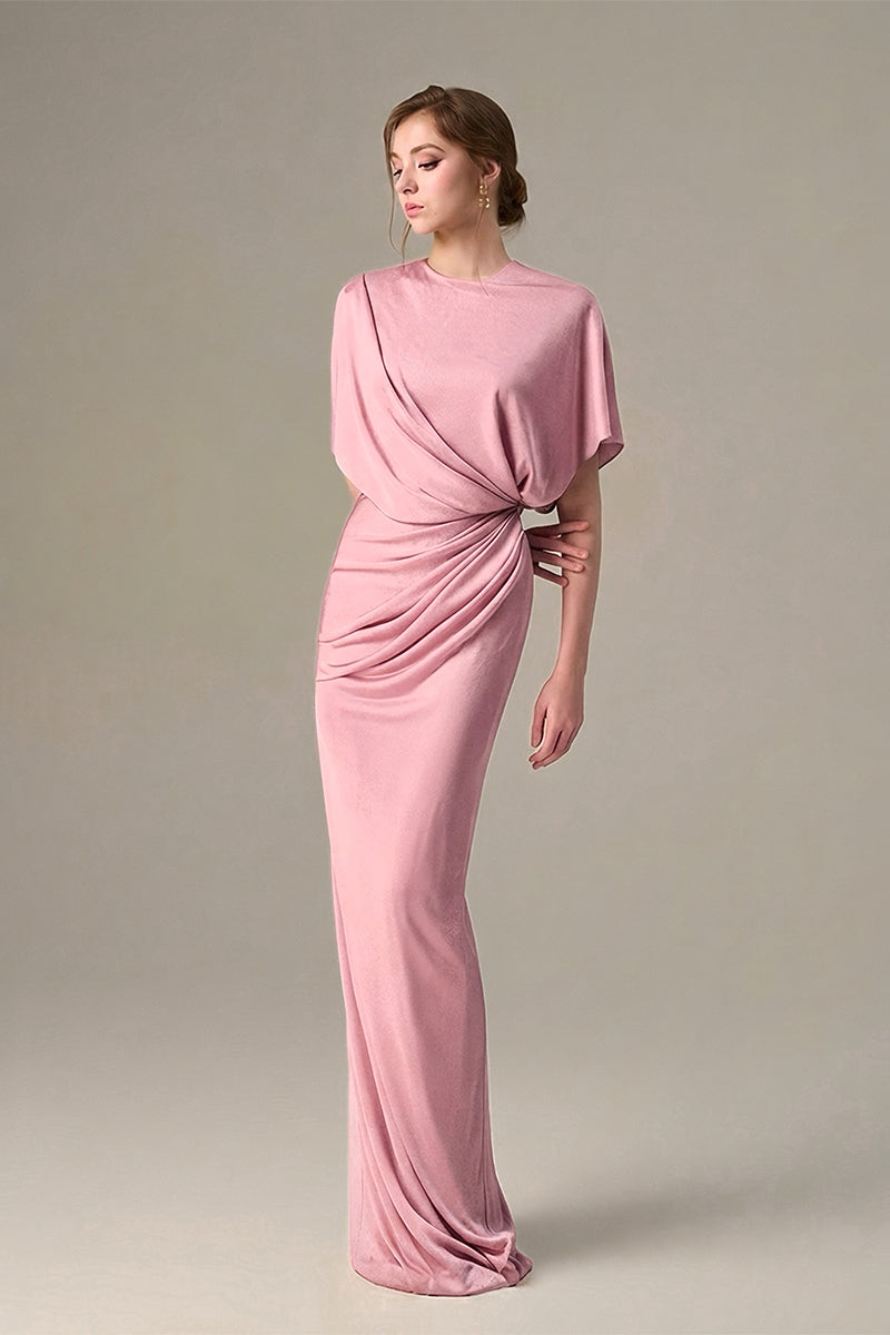 Dark Pink Jersey Dress Wth Gathered Waist And Tie Detail