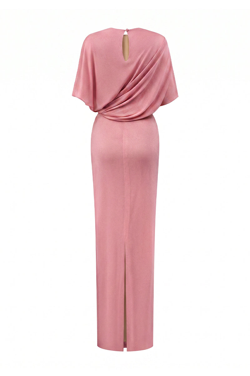 Dark Pink Jersey Dress Wth Gathered Waist And Tie Detail